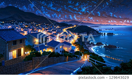 Seaside cityscape at night Seaside cityscape at night 129643029