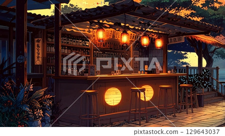 傍晚的海邊酒吧 129643037