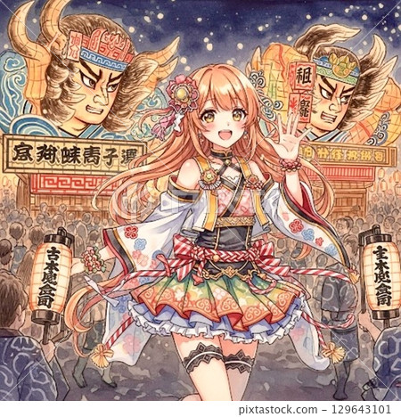 A woman enjoying sightseeing while dancing at the Nebuta Festival 129643101