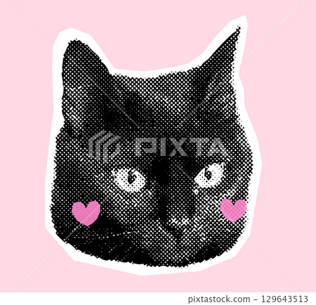 Cute black cat face, vector halftone collage animal, funny kitty head graphic design element 129643513