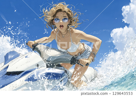 A woman with a short bob enjoys jet skiing in the blue sea 129643553