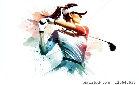 A female golfer swinging powerfully under a refreshing blue sky. 129643635