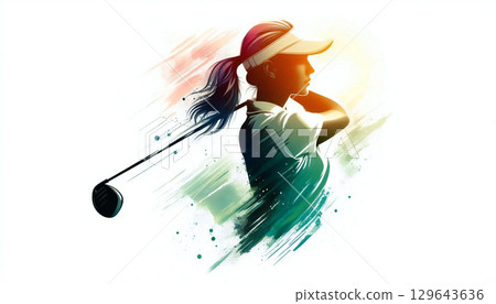 A female golfer swinging powerfully under a refreshing blue sky. 129643636
