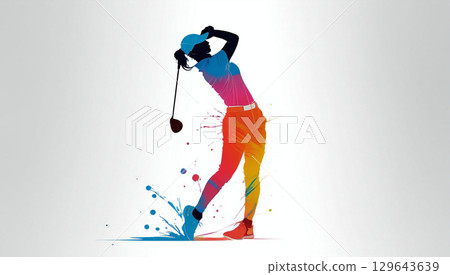 A female golfer swinging powerfully under a refreshing blue sky. A female golfer swinging powerfully under a refreshing blue sky. 129643639