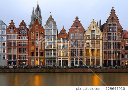 Historic buildings row cityscape reflection dusk architecture 129643910