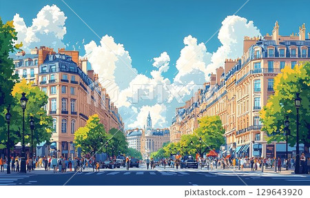 Parisian Street Scene with Crowds, Classic Architecture, and Bil Parisian Street Scene with Crowds, Classic Architecture, and Bil 129643920