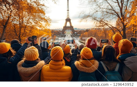 Autumnal Eiffel Tower: Tourists Capture Parisian Landmark with S 129643952