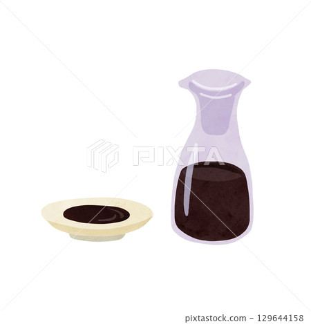 Soy sauce dispenser and small plate watercolor hand-drawn illustration 129644158