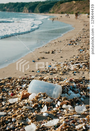 Waves gently lap at the shore as discarded plastic and trash blanket the beach, highlighting the environmental crisis facing coastal ecosystems on a sunny day. 129644439