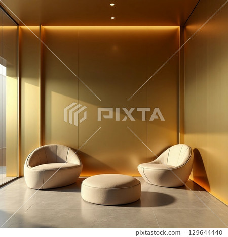 A minimalist seating area featuring two elegant armchairs and a round ottoman. 129644440