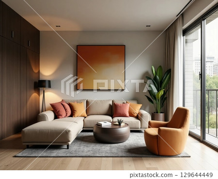 A cozy and inviting living room features a sleek sectional sofa adorned with vibrant cushions, a minimalist coffee table, and large windows allowing sunlight to enhance the atmosphere. 129644449