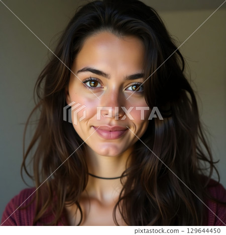 A young woman displays a joyful expression, with her long, wavy hair cascading around her face. Soft lighting enhances her natural beauty in a serene indoor environment. 129644450