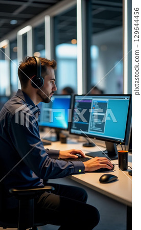 Engaged in deep concentration, a programmer in a blue shirt navigates multiple screens filled with code, surrounded by a contemporary office atmosphere. 129644456