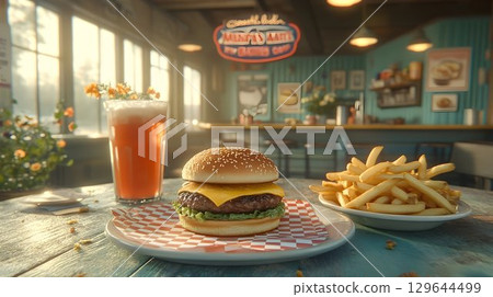 Sunny Retro Diner Scene with Burger, Fries, and Iced Tea 129644499