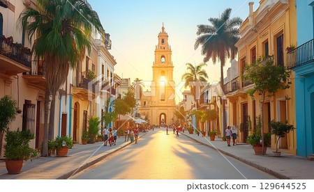 Golden Hour in Havana: A Street View with Towering Architecture Golden Hour in Havana: A Street View with Towering Architecture 129644525
