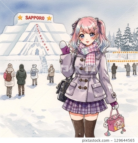 一位女士正在札幌冰雪節觀光 129644565