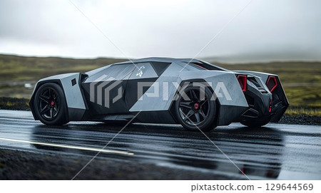 Futuristic angular car design on a wet road, showcasing sharp li 129644569