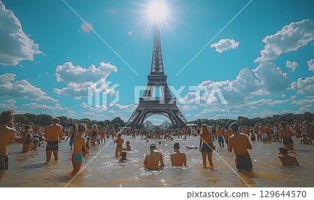 Parisian Summer Fun: People Bathing at the Eiffel Tower's Base 129644570