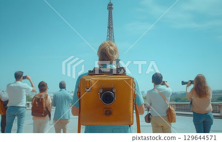 Parisian Tourists Capturing the Eiffel Tower with Vintage Camera 129644571