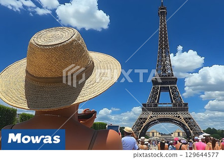 Tourist with Straw Hat Capturing Eiffel Tower on Sunny Day in Pa Tourist with Straw Hat Capturing Eiffel Tower on Sunny Day in Pa 129644577