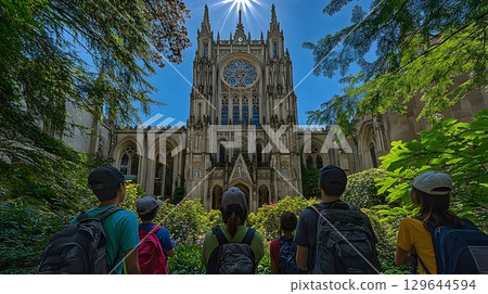 Group of Backpackers Admiring Gothic Architecture of a Cathedral 129644594