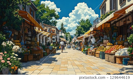 Sunny Mediterranean Market Street Scene with Vibrant Produce 129644619
