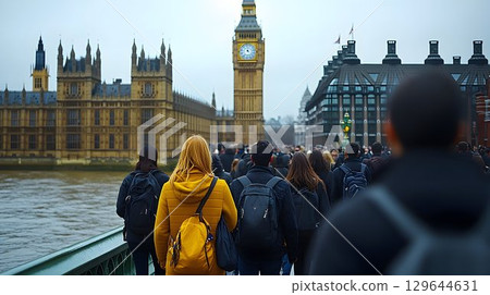 Diverse people walking city bridge iconic clock tower view 129644631