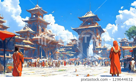 Bustling asian marketplace vibrant illustration of traditional architecture and culture 129644632