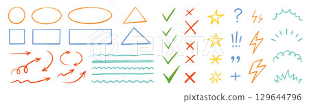 Chalk check mark arrow collection. Blackboard doodle style symbols, sketchy pencil quotes, checkboxes and hand drawn crayon underline. Pencil chalk stroke texture highlight, arrow. Vector Chalk check mark arrow collection. Blackboard doodle style symbols, sketchy pencil quotes, checkboxes and hand drawn crayon underline. Pencil chalk stroke texture highlight, arrow. Vector 129644796