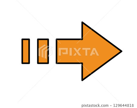 Orange arrow pointing right with line decoration of different thicknesses 129644818