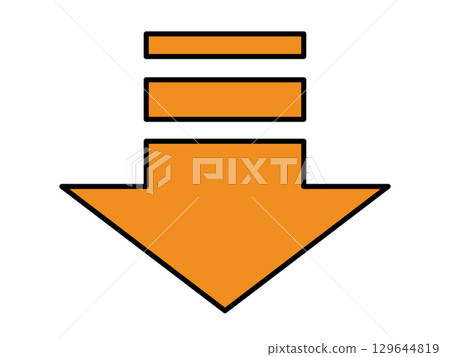 Orange arrow pointing down with line decorations of different thicknesses 129644819