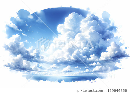 Watercolor illustration of a summer blue sky and cumulonimbus clouds 129644866
