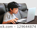 Elementary school children learning online on a laptop 129644874