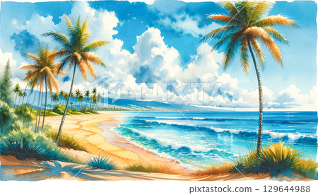 夏威夷海灘與棕櫚樹的水彩畫 129644988