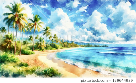 夏威夷海灘與棕櫚樹的水彩畫 129644989