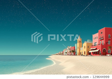 Vintage style illustration of a seaside white sand beach and blue sea with a starry sky and colorful buildings 129644999