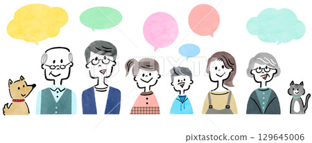 A variation set of smiling three-generation family icons and colorful speech bubbles 129645006
