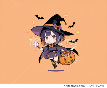 A girl who costumes Halloween 129645291