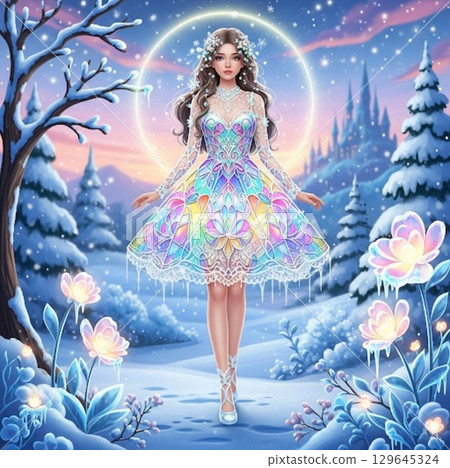 宛如冬日冰雪仙子般美麗的女孩 129645324