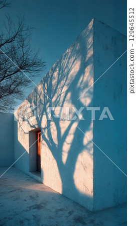 Architectural structure with textured white walls casting intricate shadows from nearby trees, creating a serene atmosphere in a minimalist outdoor setting with natural light 129645512