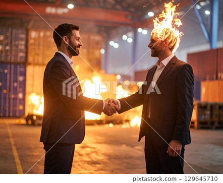 Two men in suits shaking hands in front of a warehouse, one of which is on fire Two men in suits shaking hands in front of a warehouse, one of which is on fire 129645710