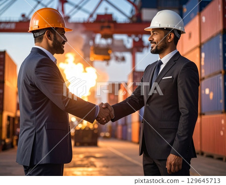 Two men in suits shaking hands in front of a warehouse with a fire burning behind them 129645713