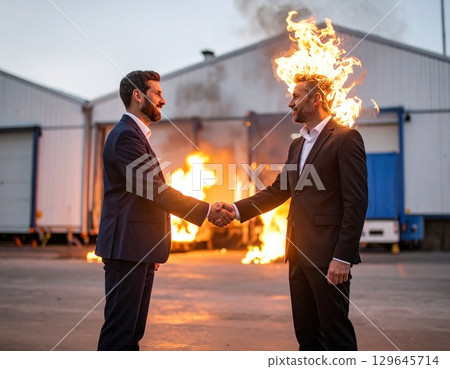 Two men in suits shaking hands in front of a warehouse, one of which is on fire 129645714