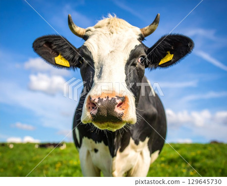 Cows (Holstein, black and white) in a pasture (grassland) under a blue sky 129645730