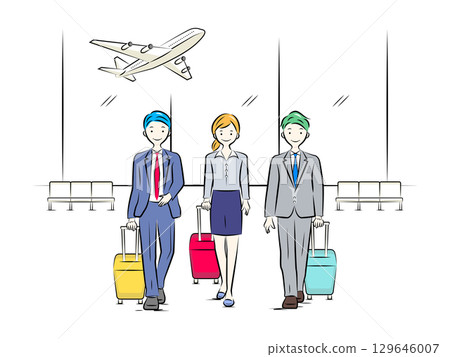 帶著行李箱出差的商務人士（機場/飛機）|商業插畫系列 129646007