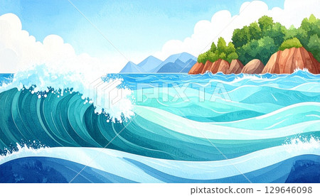 海洋、海浪和島嶼水彩插圖 129646098