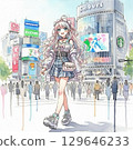 澀谷玩耍的女孩水彩畫 129646233