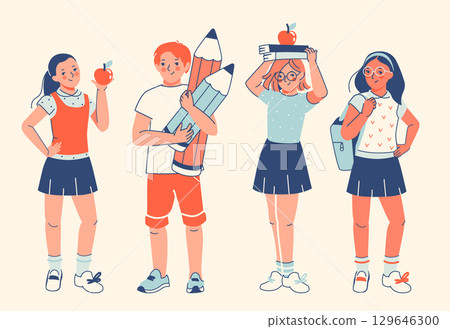 Diverse student group with school supplies. Flat style clipart. Isolated vector elements 129646300