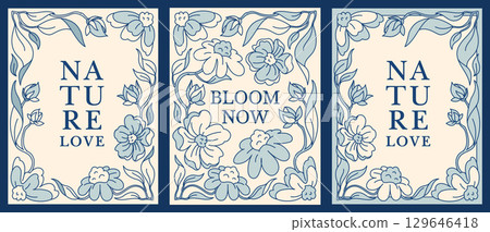 Set of 8.5x11 vintage wall art with hand-drawn floral designs. Perfect for inspirational posters or vertical and romantic home decor. Timeless and elegant graphic 129646418