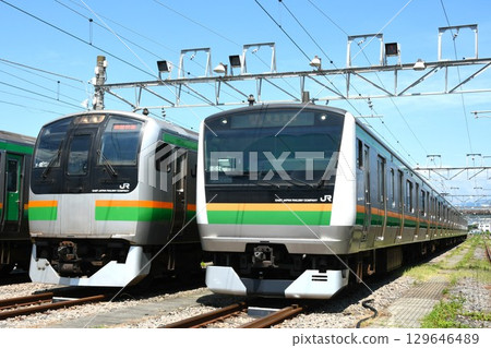 E217系列(通勤快速列車)和E233系列3000系列(通勤快速列車,東海道線)在鐵路車庫排隊 E217系列(通勤快速列車)和E233系列3000系列(通勤快速列車,東海道線)在鐵路車庫排隊 129646489